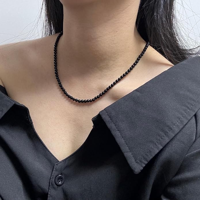 Kakikaki Natural Agate Choker Necklace Sterling Silver Round Beads Strand Necklace for Women