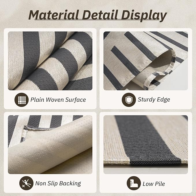 AMOAMI Outdoor Rug Patio Rug 6x9 ft Quick Dry Flatweave Textured Machine Washable Outdoor Carpet with Rubber Particles Backing Boho Outdoor Area Rug for Patio Deck Front Porch Balcony Greyish Black