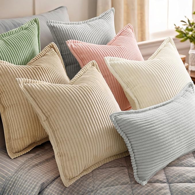 decorUhome Fall Corduroy Cream White Throw Pillow Covers 12x20 Set of 2 | Lumbar Couch Decorative Soft Modern Boho Farmhouse Pillow Covers Broadside Striped Pillow Cases for Living Room Bed Sofa
