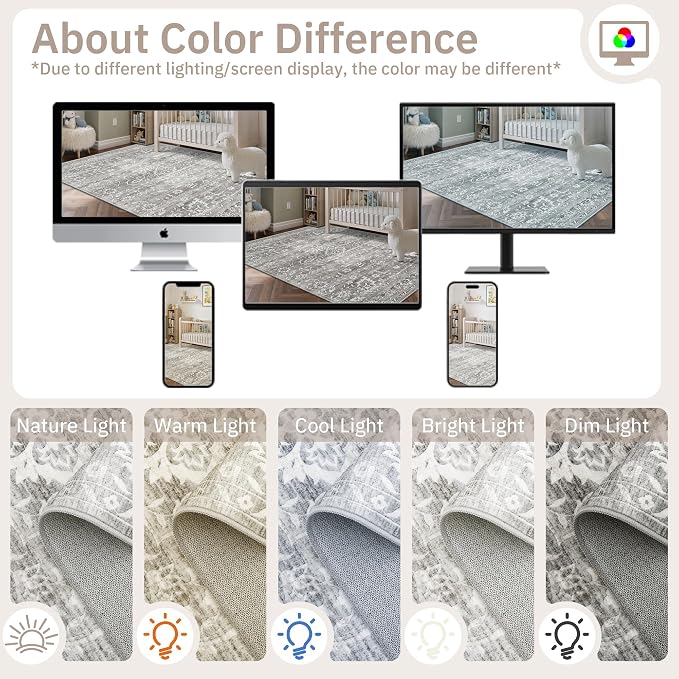 Soalmost 8x10 Area Rugs for Living Room, Washable Bedroom Soft Rug Grey | Vintage Floral Non-Slip Low Pile Stain Resistant Throw Large Neutral Carpet for Dining Room Kitchen Home Office 8'x10'