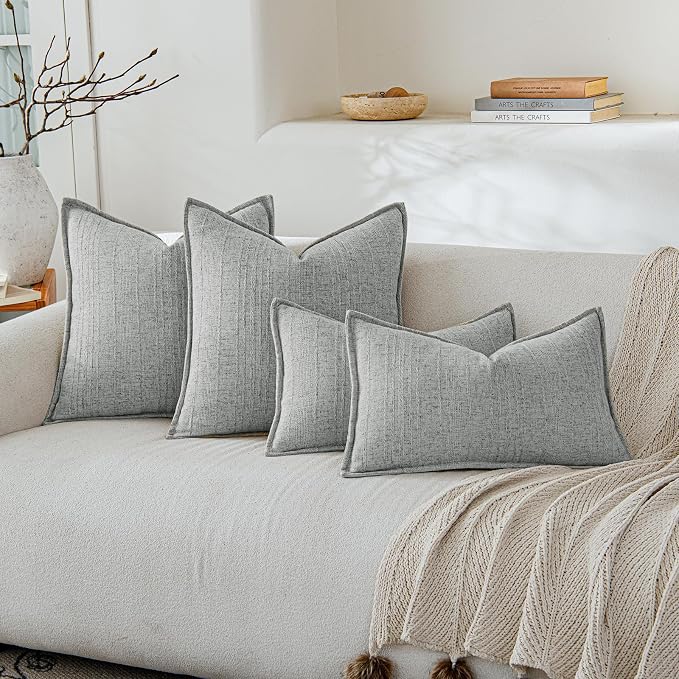 a moment Linen Pillow Covers Set of 2,Boho Farmhouse Throw Pillowcases Neutral Textured Decorative Covers for Couch Sofa,Soft Linen Blend Accent Case Cushion Living Room Home Decor 18"x18"Sky Gray