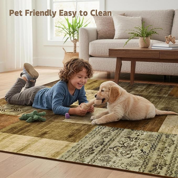 DweIke Washable Area Rugs 4x6 for Living Room, Modern Geometric Brown Soft Patchwork Carpet, Non-Slip Stain Resistant Throw Rug for Bedroom Dining Room Office Home Decor