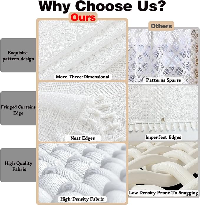 Sutuo Home White Boho Lace Curtains 45 Inches 2 Panels for Kitchen Cafe, Semi Sheer Ivory Curtains Small Window Drape Crochet Vintage Farmhouse Tassels Bohemian Privacy Cottagecore Rod Pocket, 50" W