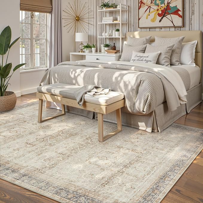 Collive Area Rug for Living Room 5x7, Machine Washable Neutral Boho Rugs for Bedroom, Soft Non-Slip Low Pile Indoor Floor Accent Carpet for Office Entryway Nursery Dining Room - Tan