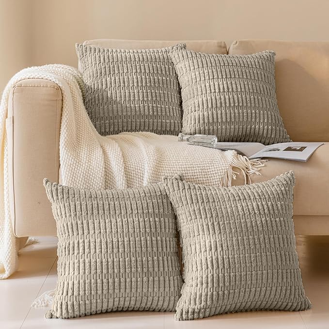 Softalker Throw Pillow Covers 20x20 Inch, Set of 4, Corduroy Soft Striped Farmhouse Boho Pillow Cover, Modern Decorative Cushion Pillow Case for Couch Sofa Bedroom Living Room, Taupe