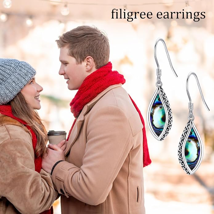 Silver Earrings for Women Sterling Silver Filigree Earrings Teardrop Dangle Drop Filigree Bohemia Jewelry Gift for Women Mother Mom
