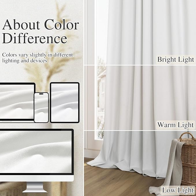 White 100% Blackout Linen Curtains 92 Inch Length 2 Panels Set for Living Room Bedroom Back Tab Thermal Insulated Black Out Drapes Room Darkening Farmhouse Style for Bedroom Window Curtains 52x92