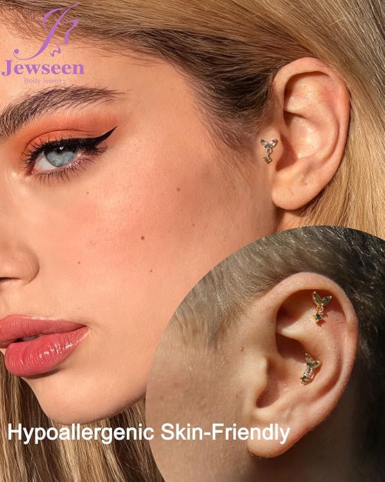 Jewseen Celtic knot&Butterfly Moss Agate Stud Earrings Dangle Internal Threaded Flat Back 16g 8mm Hypoallergenic 925 Sterling Silver Piercing Jewelry for Cartilage Lip Conch Tragus Helix