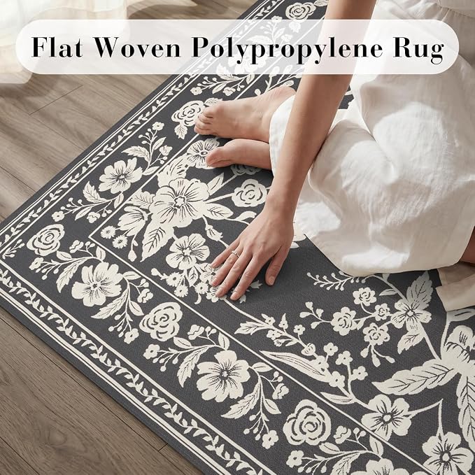 AMOAMI-Outdoor Rug-Patio Rug 5x8 ft Quick Dry Machine Washable Flatweave Textured Outdoor Carpet with Rubber Particles Backing Indoor Outdoor Rugs for Patio Deck Front Porch Balcony Greyish Black