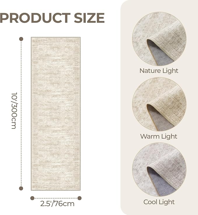 2'6 x 10' Runner Rug Non Slip,Washable Kitchen Rugs,Beige | 10 ft Runner Rug for Hallway,Entryway,Bedroom,Bathroom,Living Room,Thin,Soft, Long Rug,Stain Resistant Indoor Carpet