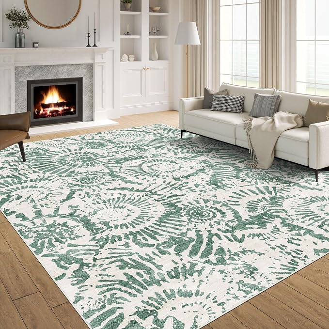 BLISSA Dining Room Rugs for Under Table - 6x9 Fresh Green White Washable Living Room Area Rug Non-Slip Low-Pile Modern Contemporary Abstract Rugs for Bedroom Dining Room Home Nursery Foyer Carpet