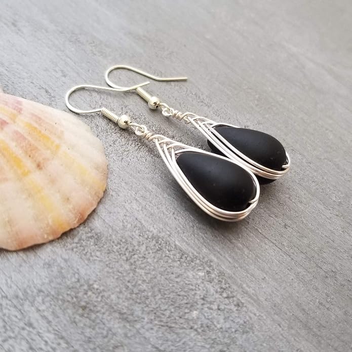Handmade Sea Glass Earrings, Hawaiian Jewelry, Wire Braided Earrings Teardrop Earrings, Beach Jewelry Sea Glass Jewelry For Women Birthday Gift