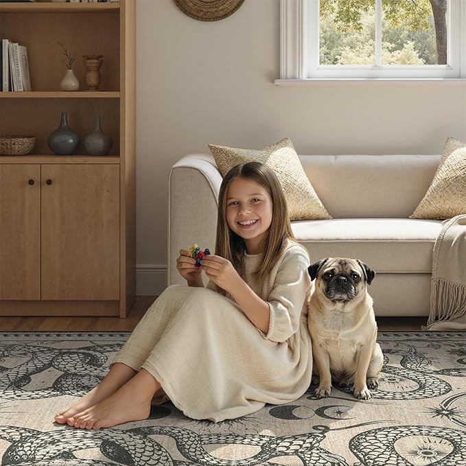 DCX Washable 6x9 Snake Rug, Beige Gothic Rug for Living Room, Soft Low Pile Carpet, Kid & Pet Friendly with Rubber Back Non Slip, Stain Resistant Rug for Bedroom Dining Room Office