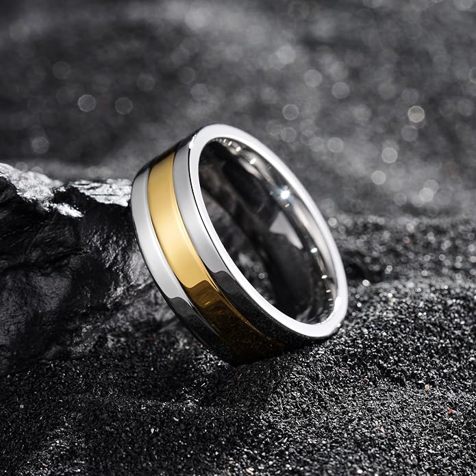 King Will 316L Stainless Steel Men's Wedding Band – 6/8 mm Dual-Tone Wedding Ring Polished Finish with Gold/Black Steel Plating, Fashionable and Durable Stainless Steel Men's Ring Size 7-14