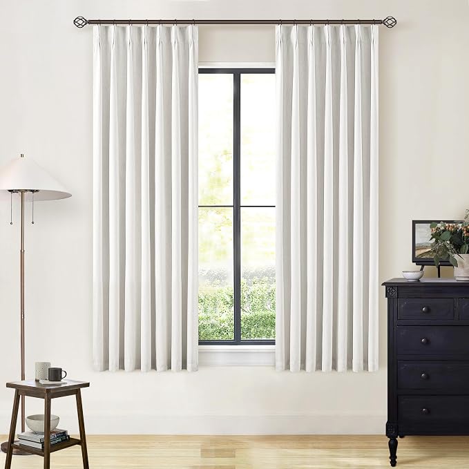 Beige White 63 Inch Length Blackout Pinch Pleated Linen Curtains with Liner | Memory Trained, 100% Black Out, Thermal Insulated, UV Blocking, Noise Reduce Curtains for Small Window Bedroom 2 Panels 40x63