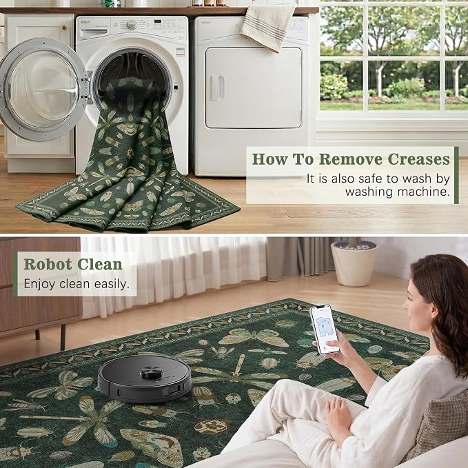 DCX 4x6 Washable Insect Rug, Vintage Gothic Dark Green Rug with Non-Slip Rubber Backing, Soft Low-Pile, Stain-Resistant, Kid & Pet Friendly, for Living Room, Bedroom, Office, and Nature-Themed Decor