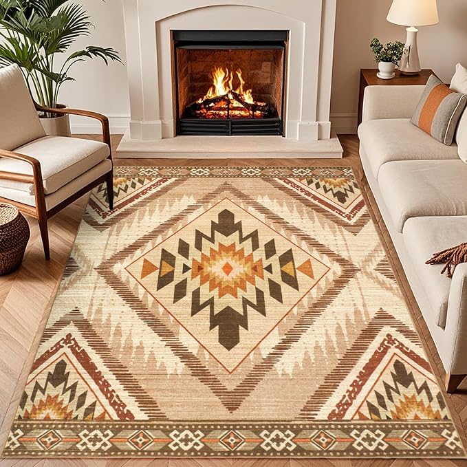 Boho Washable Area Rugs 5x7 Non Slip, Soft Living Room Bedroom Rugs, Non Shedding Moroccan Nursery Floor Carpets for Dining Room Bathroom Office Farmhouse, Light Brown