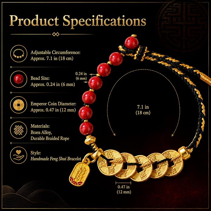 Feng Shui Bracelet with Five Emperor Coins, Beads Amulet for Wealth & Good Luck, Spiritual Protection Jewelry, Adjustable Ha