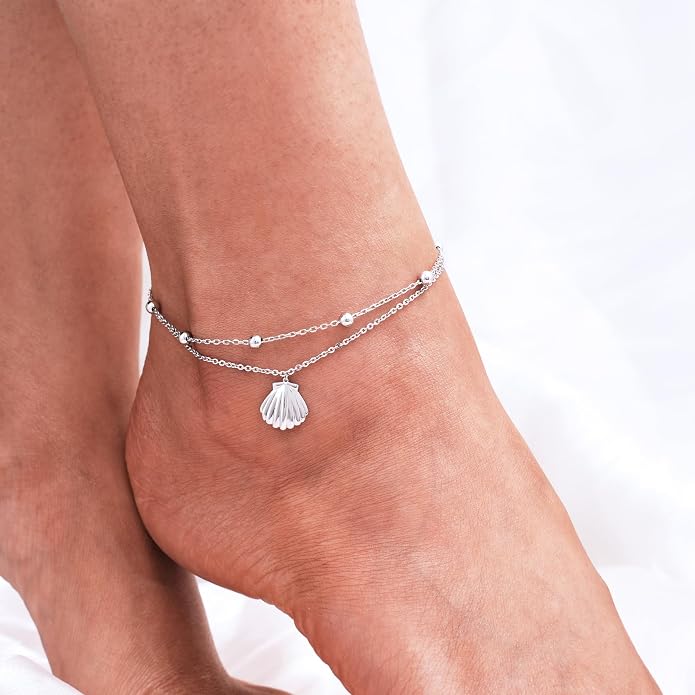 CHIC & ARTSY 925 Sterling Silver Ankle Bracelets for Women, Adjustable Layered Foot Chains with Nature & Symbol Charms, Lightweight Comfort Fit Boho Beach Everyday Jewelry