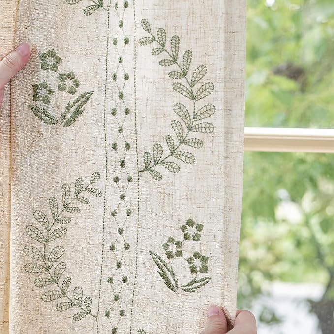jinchan Floral Linen Curtains 108 Inch Back Tab 2 Panels Sage Green | Embroidered curtains,boho curtains,living room,bedroom,light filtering,privacy,flower patterned drapes,window treatment