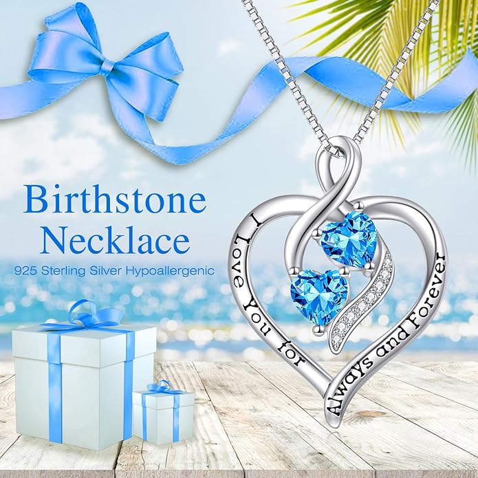Hancock Forever Love Heart Birthstone Necklaces for Women 925 Sterling Silver Women Pendant Necklace, Mother’s Day Birthday Anniversary Jewelry Gift for Woman Mother Mom Wife Her