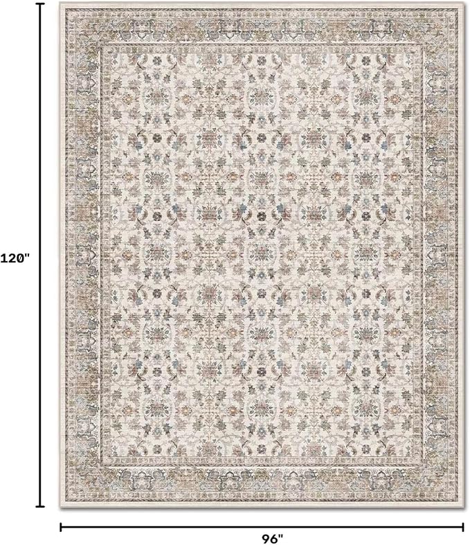 Boho Washable 8x10 Area Rugs for Living Room, Cushioned, Cream/Blue | Vintage Non-slip Neutral Oriental Rugs for Bedroom Dining Room Nursery Office High Traffic Area