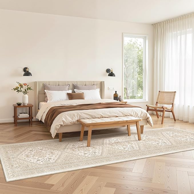 zesthome 2x12 Runner Rug, Long Hallway Rugs for Dining Room, Living Room, Bedroom, Machine Washable Kitchen Carpet Runner with Rubber Backing, Soft Low Pile Indoor Rug (Cream/Beige,2'x12')