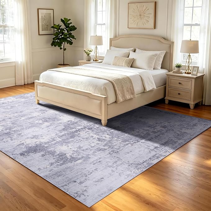 6x9 Area Rugs Living Room Rug Abstract Washable Rug Non-Slip Soft Low Pile Indoor Floor Stain Resistant Thin Carpet for Bedroom Dining Room Home Office Farmhouse Nursery - Light Gray & Cream 6' x 9'