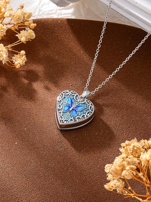 Dorunmo Personalized Locket Necklace 925 Sterling Silver that Holds Pictures Butterfly Birthstone Photo Heart Locket Custom Jewelry Congratulations New Beginnings New Job Gifts for Women