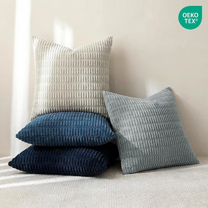 Softalker Throw Pillow Covers 18x18 Inch, Set of 4, Corduroy Soft Striped Farmhouse Boho Pillow Cover, Modern Decorative Cushion Pillow Case for Couch Sofa Bedroom Living Room, Grey/Blue
