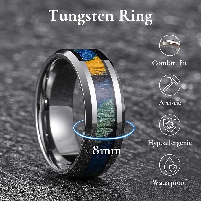 King Will Black Tungsten Wedding Band For Men, 8mm Promise Ring Inlay Red Twill Pattern/Colorful Wood Chips, High Polished Beveled Edge - Suitable For Daily Wear, Comfort Fit Size 7-14