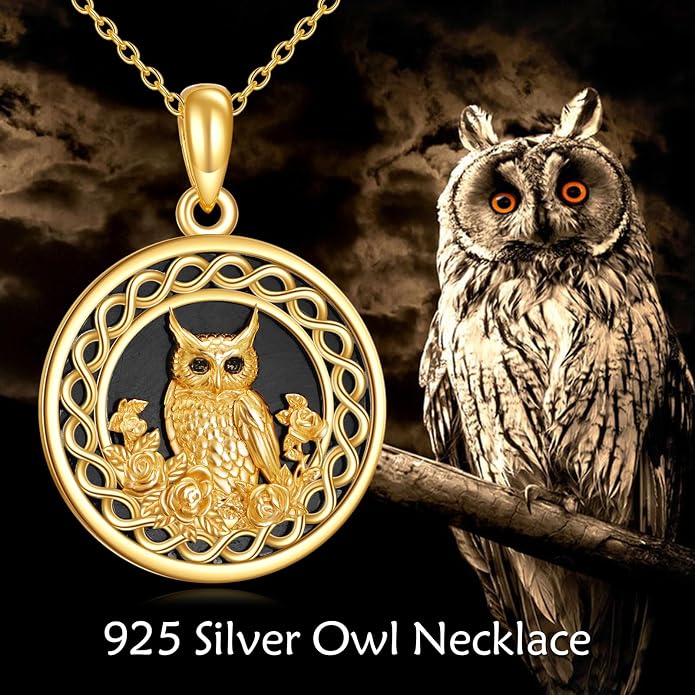 Owl Birthstone Necklace Sterling Silver Celtic Moon Pendant Cubic Zirconia Owls Jewelry Birthday Gifts for Women Men