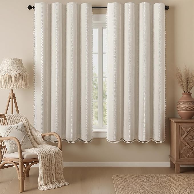 Ivory Boho Blackout Curtains 2 Panels 63 Inch for Living Room Bedroom, Beige Linen Texture Farmhouse Curtains with Tassels and Cotton Embroidery Vintage Rustic Western Rod Pocket