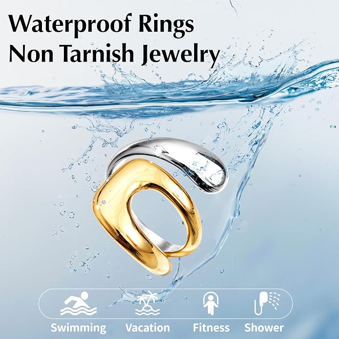Gelbesty Waterproof Gold Statement Rings for Women, 14K Gold Plated Chunky Open Stackable Rings Non Tarnish Fashion Adjustable Stainless Steel Pinky Knuckle Signet Vintage Ring Jewelry Size 5-11