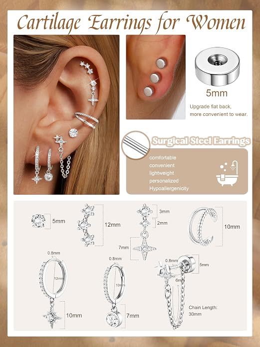 Dochais Flat Back Cartilage Earrings for Women Trendy Dainty CZ Flatback Studs Earing Sets 14k Gold Plated Hypoallergenic Huggie Hoops Earring Stacks for Multiple Piercing