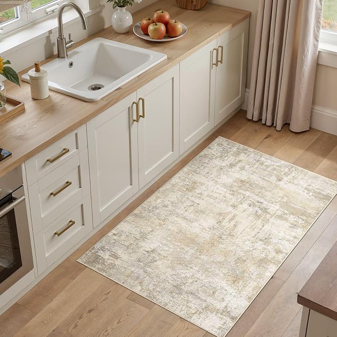 cotiled 3x5 Washable Rug Abstract Soft Non Slip Entryway Rugs | Stain Resistant, Robot Vacuum & Pet Friendly, Low-pile, For Living Room, Bedroom, Dining Table, Nursery Beige