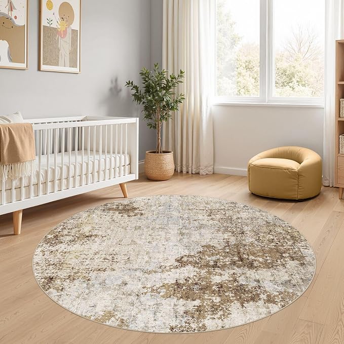 5ft Round Area Rug Living Room Rugs - 5x5 Washable Large Soft Indoor Neutral Modern Abstract Low Pile Rug Carpet for Bedroom Dining Room Farmhouse Home Office - Light Brown