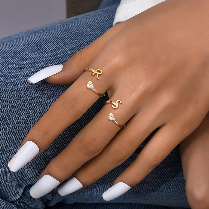 MILACOLATO 925 Sterling Silver Initial Rings for Women Teen Girl 18K Gold Plated Heart Initial Rings Adjustable Capital Letter Ring Stackable Thumb Pinky Rings for Daughter Birthday Bridesmaid Gifts Jewelry, A to Z