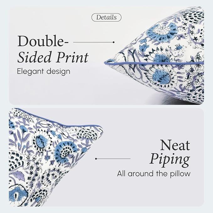 CPC 100% Cotton Throw Pillow Covers 18x18 Inch, Set of 2 Blue Block Print Pattern Couch Pillow, Cute Boho Decorative Pillows for Living Room, Bedroom with Hidden Zipper- Indigo Blue