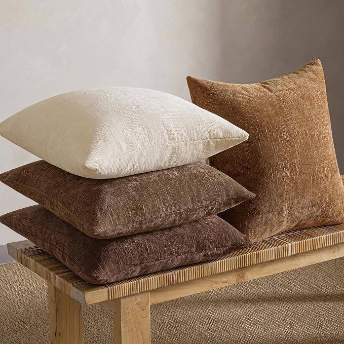 MIULEE Pack of 4 Fall Decorative Throw Pillow Covers 22x22 Inch Chenille Textured Throw Pillows Boho Farmhouse Rustic Cushion Covers Vintage Home Decor for Couch Sofa Bed Living Room，Dark Brown