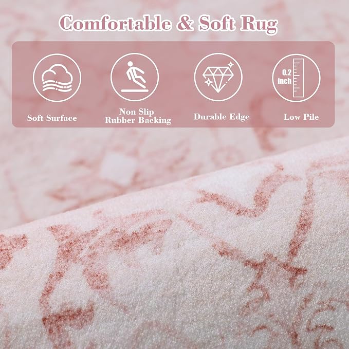 Pink 2x6 Runner Rug for Hallways Bed Side Kitchen, Boho Washable Distressed Low-Pile Floor Entryway Long Bathroom Mat, Non-Slip Laundry Room Washstand Front Carpet 24x72 Inch