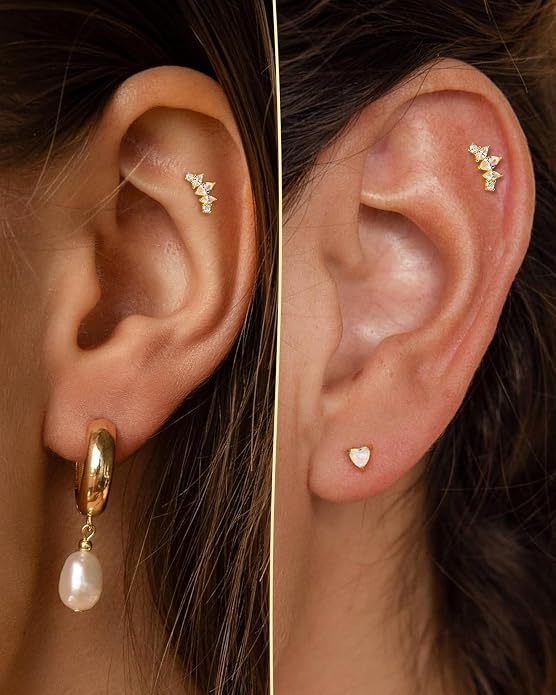 COCHARM 14K Gold Plated Cartilage Earrings Stud 16G 925 Sterling Silver Helix Earrings Internally Thread Heart Flat Back Piercing Jewelry