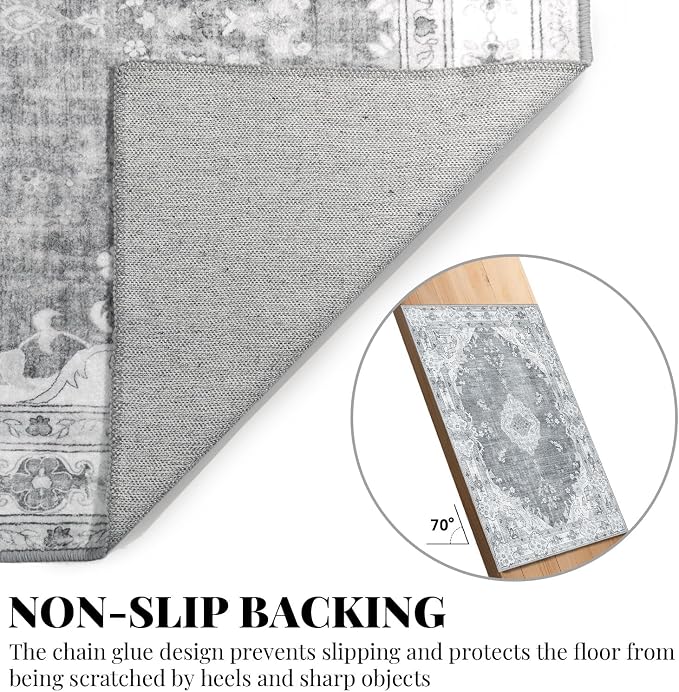 MUJOO Grey Rug 3x5 Washable,Boho Area Rugs Small Non Slip Low-Pile Floral | Machine Washable Throw Carpet for Entryway Bedroom Bedside Kitchen Hallway Living Room Soft Indoor Vintage Bohemian Flowers