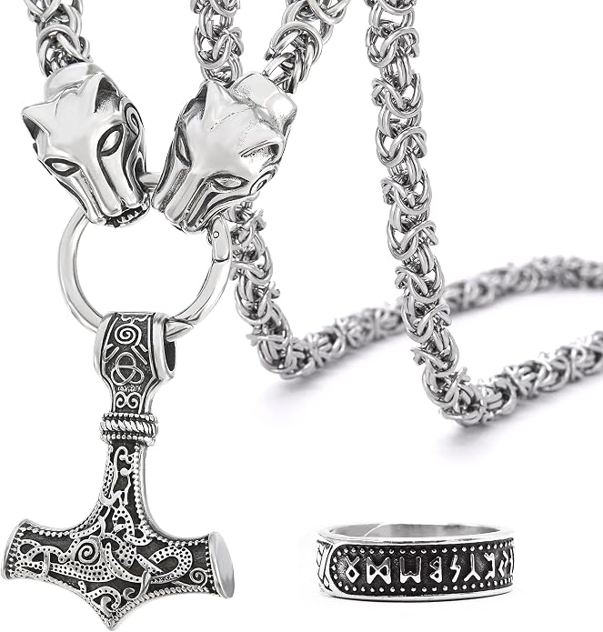 BAVIPOWER Viking Amulet Pendant with Big Wolf Head Chain Necklace 316L Stainless Steel Norse Scandinavian Necklace Authentic Viking