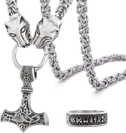 BAVIPOWER Viking Amulet Pendant with Big Wolf Head Chain Necklace 316L Stainless Steel Norse Scandinavian Necklace Authentic Viking