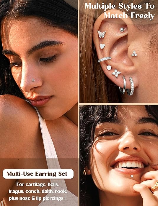 ORAZIO 16G/18G/20G Flat Back Earrings for Women Threadless 316L Surgical Steel Stud Hoop Earrings Push in Nose Studs Hypoallergenic Cartilage Earring Stacks Labret Helix Tragus Conch Piercing Jewelry