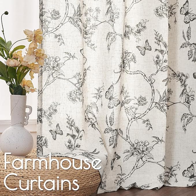 Lazzzy Charlotte Farmhouse Linen Curtains Black Floral Curtains 108 Inch Length Extra Long Drapes for Living Room Bedroom Light Filtering Country Vintage Rod Pocket Curtain, 2 Panels, Black on Beige