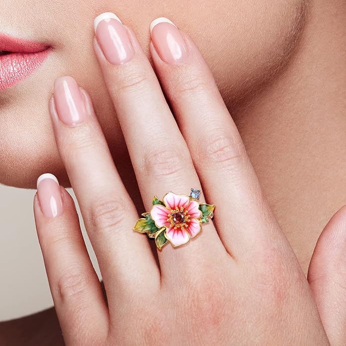 Santuzza 925 Sterling Silver Enamel Flower Statement Ring for Women