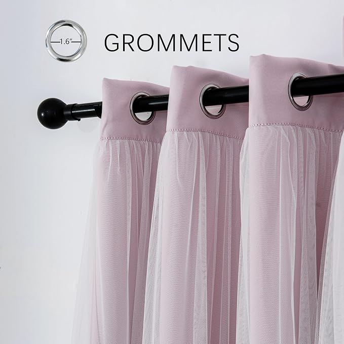 INLINAS Pale Pink Blackout Curtains with Sheer Overlay - Grommet Top Thermal and Noise Reduction Panels for Bedroom and Living Room Light Blocking and Energy Saving, 37 x 63 Inches, Set of 2