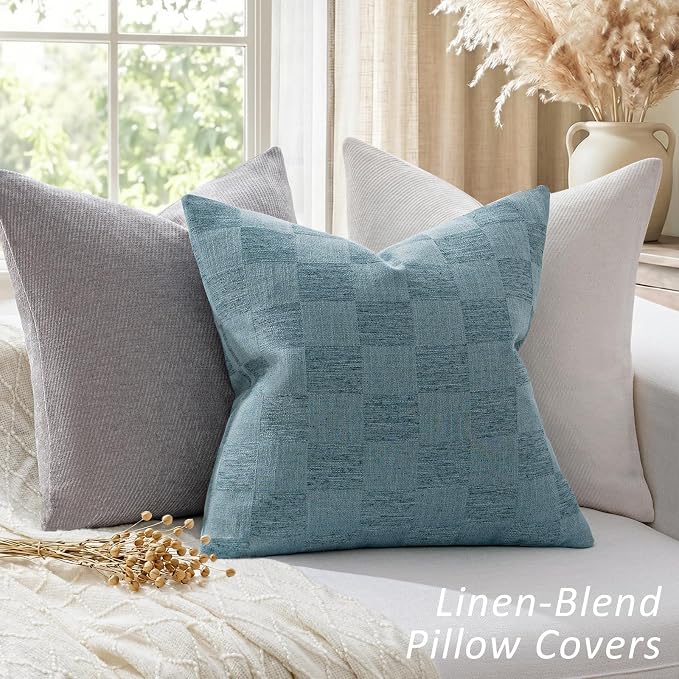 a moment Set of 2 Decorative Linen Throw Pillow Covers,Large Grid Textured Neutral Boho Farmhouse Cushion Covers,Soft Aesthetic Pillowcases for Couch Sofa Living Room Home Decor,24x24 Inch,Blue